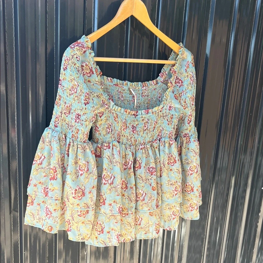 Free People Floral Smocked Blouse Blue Green Pink Red Flowers Flowy Fairy Boho - Picture 4 of 8